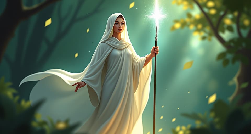  ethereal avenger, glowing white robe flowing in an enchanted forest clearing, radiant light from a raised staff, magical barrier forming, determined expression.. the style is digital art illustration,highly detailed, whimsical,magical, dreamlike atmosphere, realism and fantasy blend, smooth, glossy textures,luminous quality, wonder and enchantment.