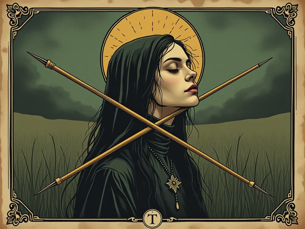  intuitive seeker, closed eyes, dowsing rods crossing over, verdant field, sense of discovery, focused. an illustration in the style of a worn, mystical old tarot trump card, mysterious and elements of surrealism. the colors are muted, somber and eerie, but with contrast bring out an occult and esoteric vibe.