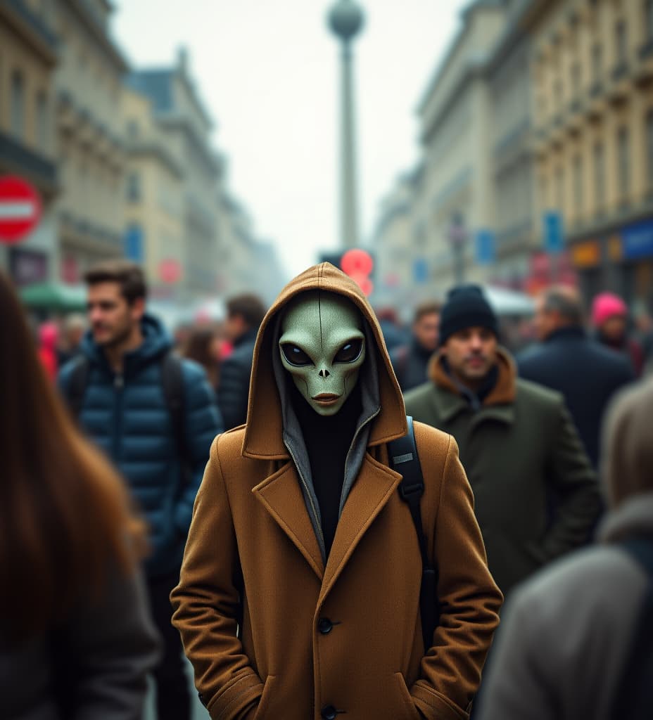  a typical bustling city scene in berlin with an alien amidst people trying to hide and blend in. amateur shot.