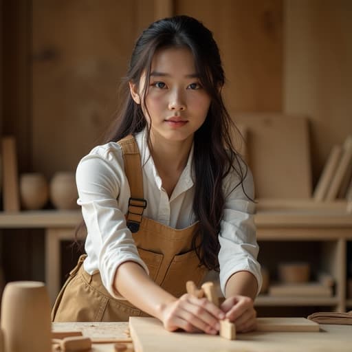  a detailed portrait of a young japanese female carpenter, showcasing her skills in woodworking. she has long, flowing hair and is wearing a fitted work outfit that complements her athletic build. the background features a workshop filled with tools and wood materials, emphasizing her craftsmanship. soft, natural lighting highlights her features, giving her a confident and focused expression as she works on a wooden sculpture. the atmosphere is both artistic and empowering, celebrating her dedication to her craft.