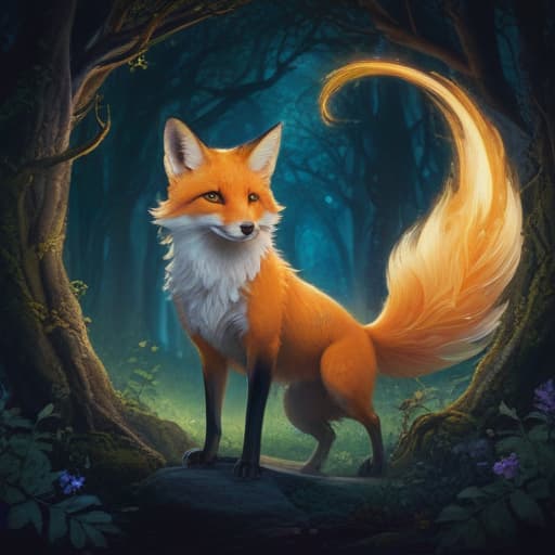 In a mystical forest bathed in the soft glow of moonlight, a majestic Divine Beast: Fairy Fox emerges from the shadows. Its fur shimmers with a celestial light, and delicate wings spread wide as it gazes serenely at the viewer. Ethereal energy swirls around its graceful form, creating a sense of otherworldly power. The scene is both enchanting and powerful, capturing the essence of a divine being in the form of a mystical fox. fantastical creatures or characters inspired by mythology, folklore, or popular culture. use vibrant colors, sharp lines, intricate details, dynamic poses, dramatic lighting, atmospheric backgrounds, and blend anime, manga, and Western comic influences.