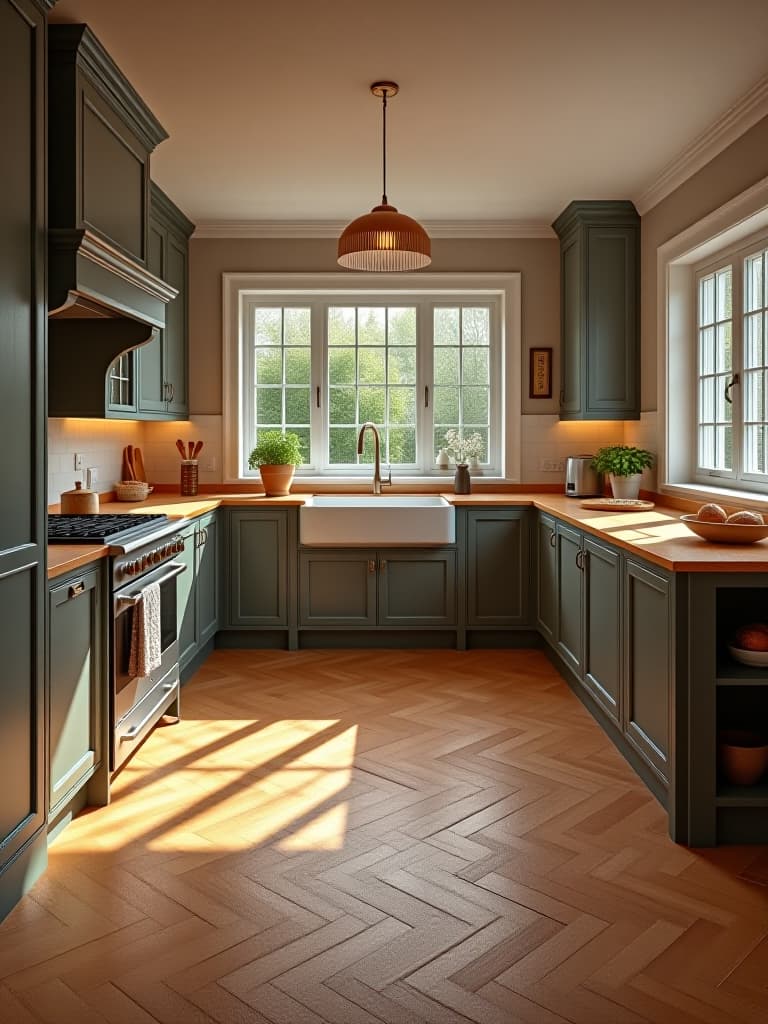  high quality portrait photo of an elegant kitchen interior showcasing a herringbone pattern cork flooring, with warm lighting highlighting the natural texture hyperrealistic, full body, detailed clothing, highly detailed, cinematic lighting, stunningly beautiful, intricate, sharp focus, f/1. 8, 85mm, (centered image composition), (professionally color graded), ((bright soft diffused light)), volumetric fog, trending on instagram, trending on tumblr, HDR 4K, 8K