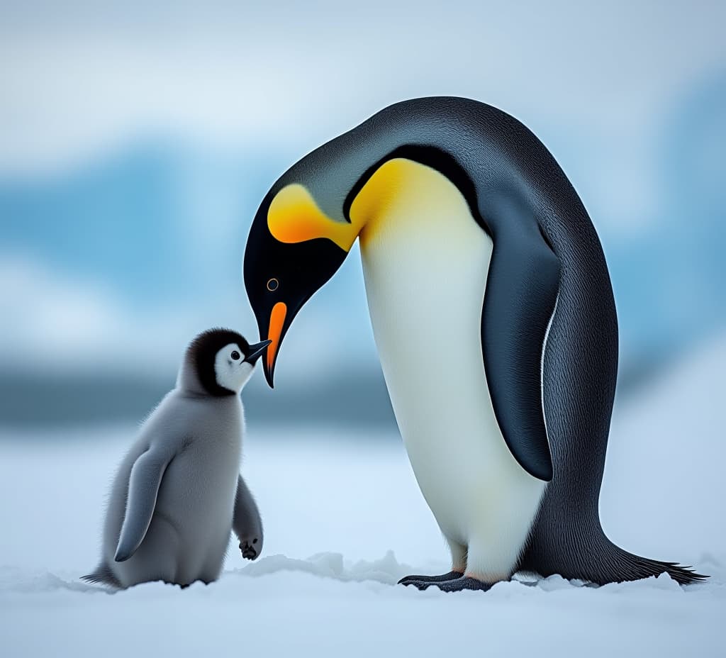  emperor penguin feeding chick in antarctica