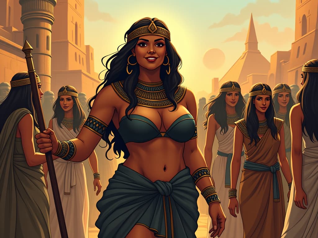  a scene of villagers happily working together, one large busted woman leading with a kind smile, aura of fulfillment and positivity. the style is digital art illustration / modern comic book / mysterious occult, symbolic, esoteric vibe,high detail on character design, incorporating ancient egyptian symbology and attire.