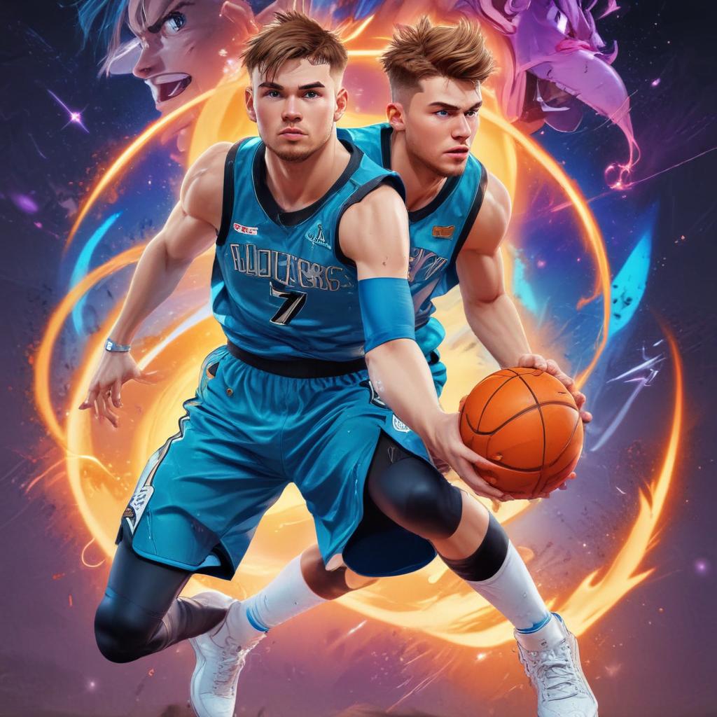 distance-shot, flashy, full-body, dynamic, holographic, animated cartoon poster of luka doncic in the style of dragon ball super