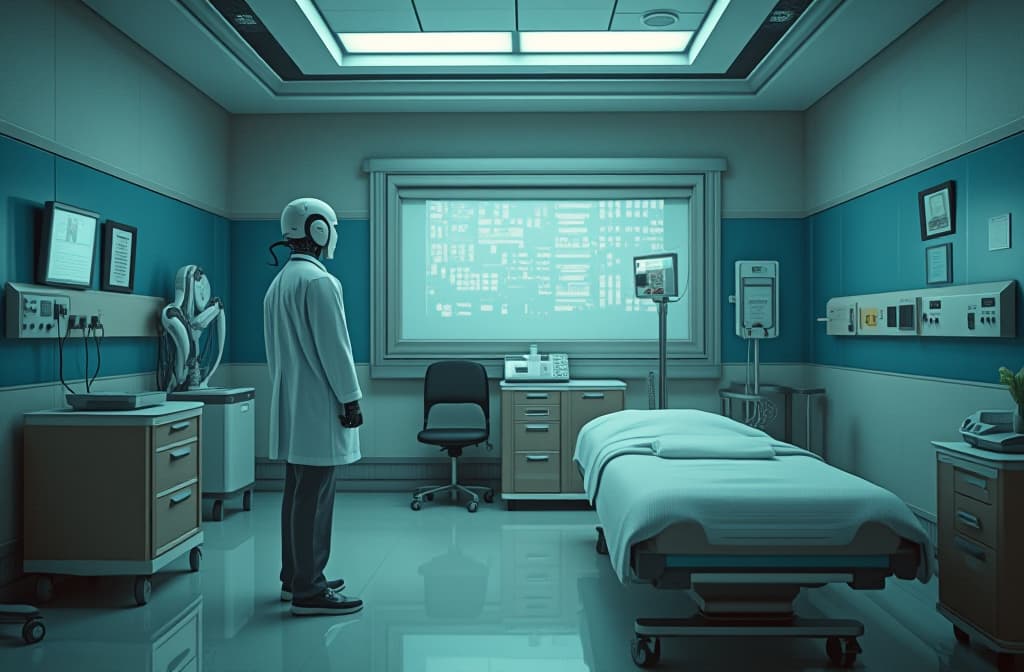  professional detailed photography, futuristic hospital room with ai robot doctor. generative ai. ar 3:2, (muted colors, dim colors, soothing tones), (vsco:0.3)