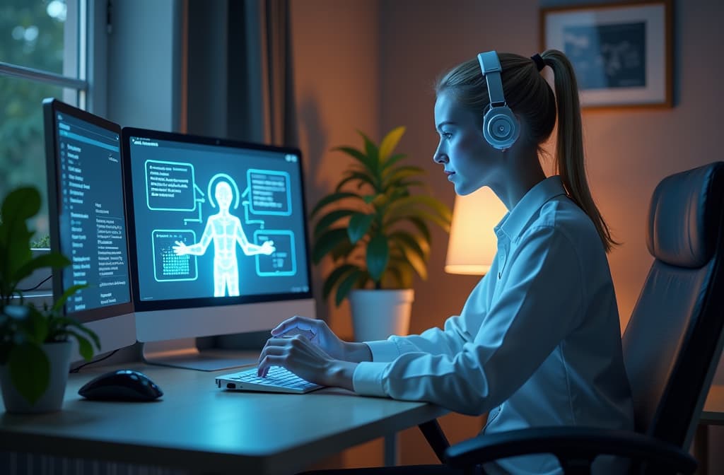  "create a futuristic home office setting where a friendly, holographic digital assistant is interacting with a user. the digital assistant appears as a translucent figure with animated expressions, emanating soft blue light. the office is filled with modern tech gadgets and a large screen displaying various tasks and reminders. a cozy atmosphere with plants and warm lighting enhances the scene, portraying a harmonious interaction between humans and technology." hyperrealistic, full body, detailed clothing, highly detailed, cinematic lighting, stunningly beautiful, intricate, sharp focus, f/1. 8, 85mm, (centered image composition), (professionally color graded), ((bright soft diffused light)), volumetric fog, trending on instagram, trending on tumblr, HDR 4K, 8K