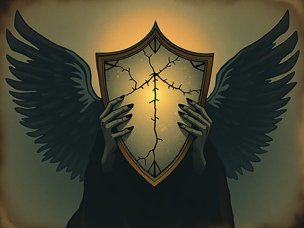  shield of light, noticeable cracks, weakening, figure slightly dimmed, encroaching shadows, stark contrast between light and dark, sense of loss, fragile protection, growing fragility. an illustration in the style of a worn, mystical old tarot trump card, mysterious and elements of surrealism. the colors are muted, somber and eerie, but with contrast bring out an occult and esoteric vibe.