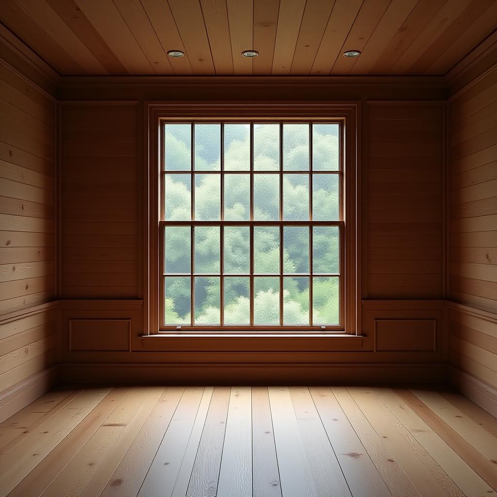  an empty room with a large window, wooden walls, and a wooden floor.