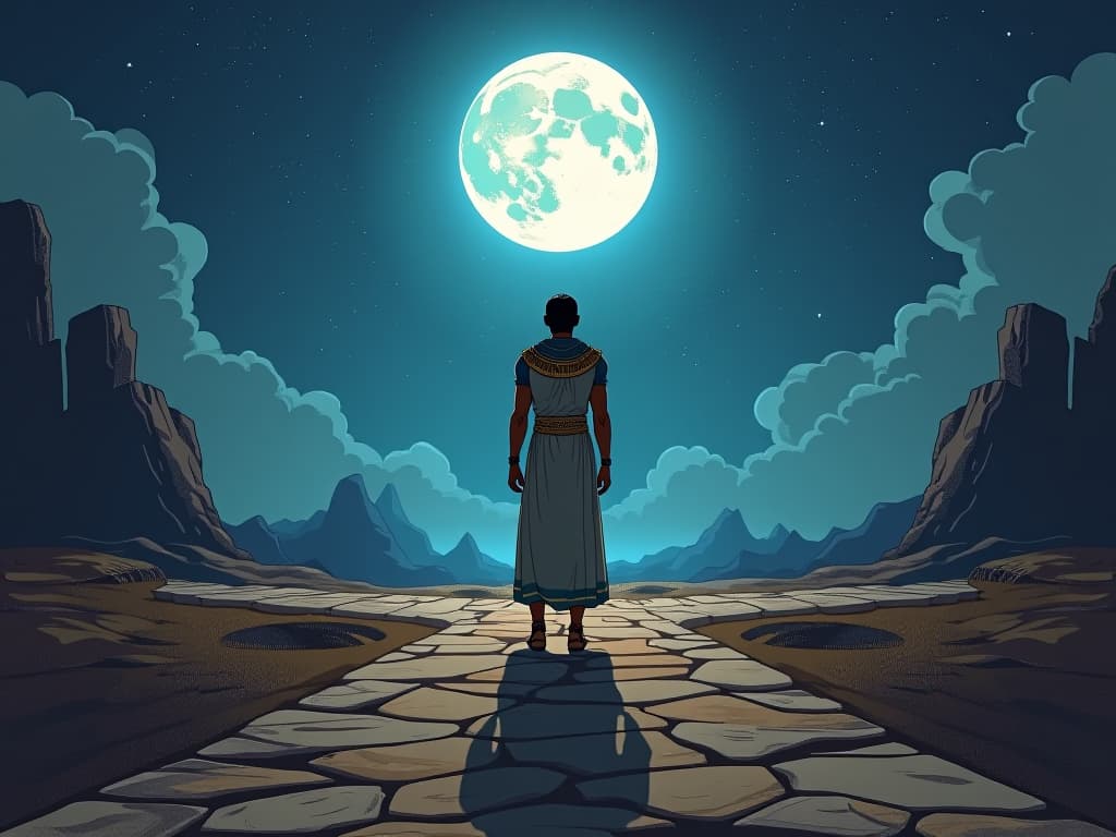  young man in ancient egyptian robes, standing at a crossroads under the full moon, contemplating his path, atmosphere of seizing energy and purpose. the style is digital art illustration / modern comic book / mysterious occult, symbolic, esoteric vibe,high detail on character design, incorporating ancient egyptian symbology and attire.