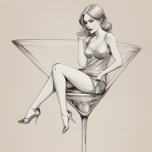 Sketch of pretty lady with legs crossed, sitting on the edge of an oversized martini glass