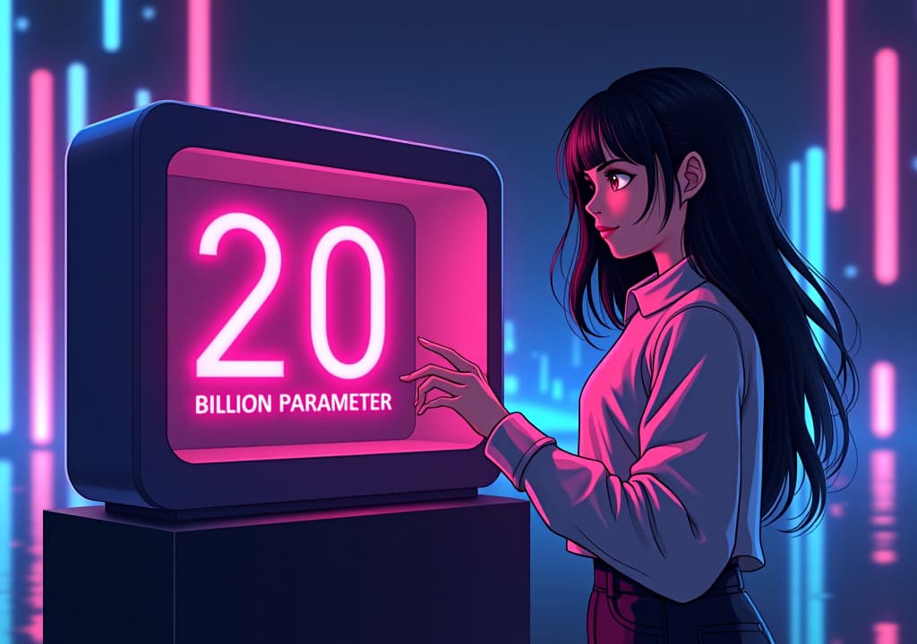  good quality, high quality, a digital ilration featuring a young with glowing eyes and flowing hair standing next to a sleek, futuristic box. inside the box, the words "kalpana 20 billion parameter text to image ai by enhanceai.art" are displayed in bold, neon text. the is interacting with the box, with her hand resting on it as if controlling the ai. the background is a glowing cyberpunk cityscape with subtle, radiant light effects.