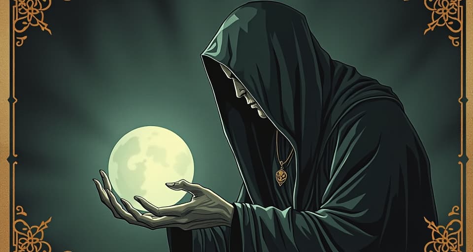  mysterious robed oracle figure, gazing into a crystal ball, ethereal glow, shadows cast, dark, mystical. an illustration in the style of a worn, mystical old tarot trump card, mysterious and elements of surrealism. the colors are muted, somber and eerie, but with contrast bring out an occult and esoteric vibe.