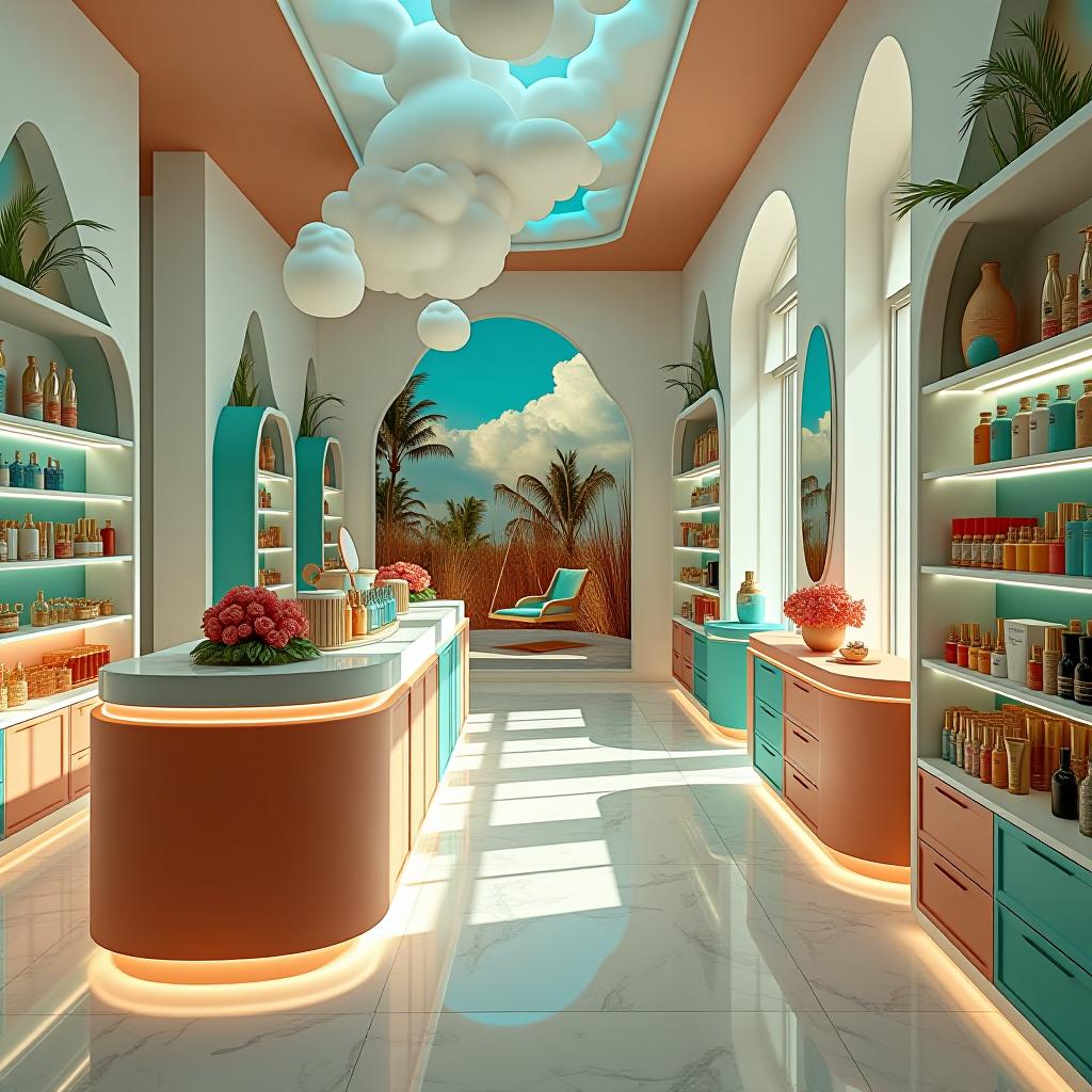  cinematic photo realistic image of 8k ultrahd, beautiful interior of the store with a very large range of cosmetics and perfumes, with turquoise, peach, blue, orange shelves, all furniture without sharp corners, very high ceilings with clouds, marble floors, tropical landscaping, in the background depict a very beautiful photo zone in the style of paradise for girls with a mirror of modern unusual shape, heavenly clouds, swings of soft fabrics in bright turquoise color, high resolution, high detail . 35mm photograph, film, bokeh, professional, 4k, highly detailed