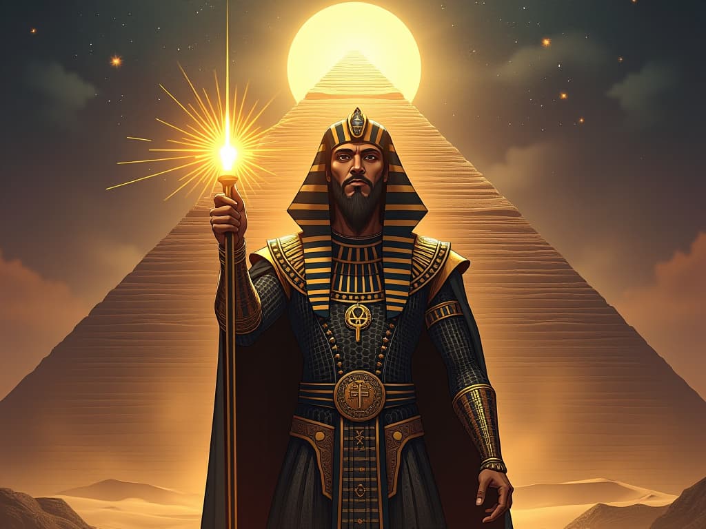  an ancient egyptian priest, in elaborate crocodile skin vestments, holding a radiant ankh, standing before a majestic pyramid, celestial symbols illuminating the surroundings, sense of divine mission. the style is digital art illustration / modern comic book / mysterious occult, symbolic, esoteric vibe,high detail on character design, incorporating ancient egyptian symbology and attire.