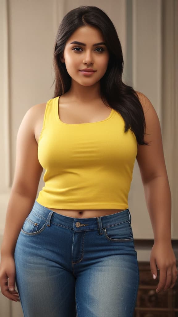 ((masterpiece)),(((best quality))), 8k, high detailed, ultra detailed, Indian girl transformation from chubby fat to fit in tight jeans and sleeveless yellow top, girl, ((transformation)), chubby, fat, fit, tight jeans, sleeveless yellow top hyperrealistic, full body, detailed clothing, highly detailed, cinematic lighting, stunningly beautiful, intricate, sharp focus, f/1. 8, 85mm, (centered image composition), (professionally color graded), ((bright soft diffused light)), volumetric fog, trending on instagram, trending on tumblr, HDR 4K, 8K