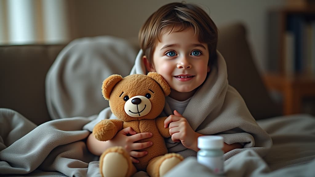  a sick child wrapped in a blanket, holding a teddy bear, with medicine nearby.