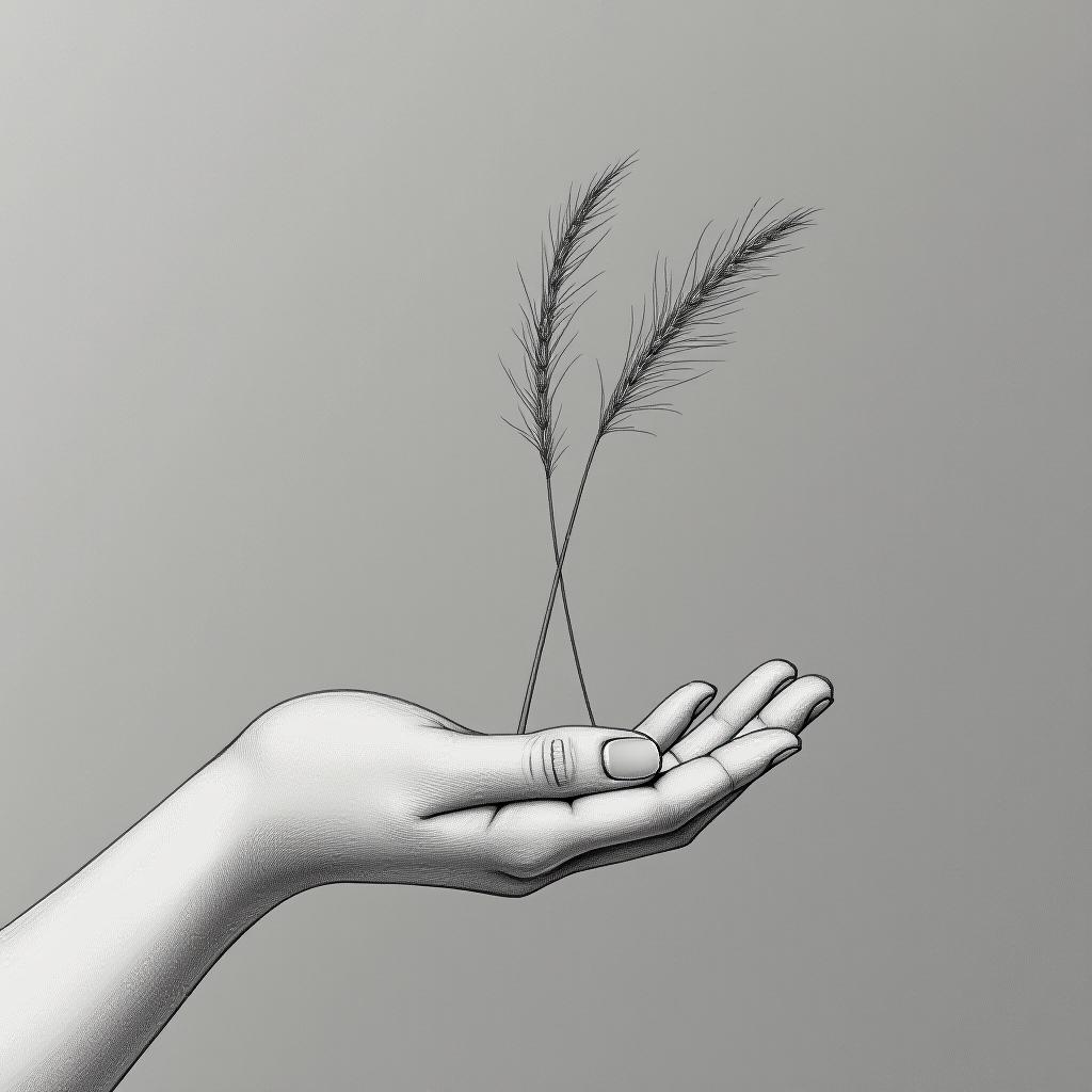  a single dry blade of grass in a woman's hand against a gray background. light falls on the woman's hand and the blade of grass, though the light source is not visible. the style is graphic, with a pencil drawing.