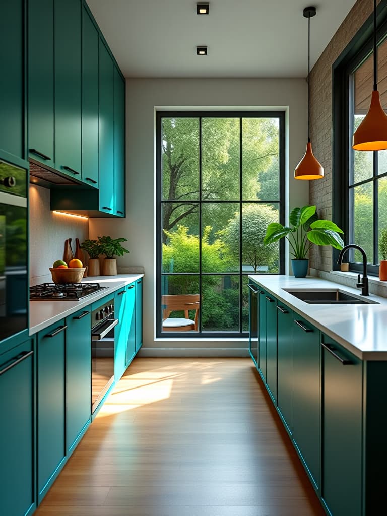  high quality portrait photo of a modern kitchen with bold teal cabinets, copper accents, and a large window overlooking a lush garden, shot from a low angle hyperrealistic, full body, detailed clothing, highly detailed, cinematic lighting, stunningly beautiful, intricate, sharp focus, f/1. 8, 85mm, (centered image composition), (professionally color graded), ((bright soft diffused light)), volumetric fog, trending on instagram, trending on tumblr, HDR 4K, 8K