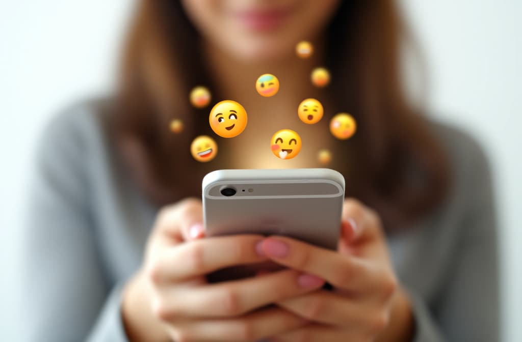  close up of white woman's hand using smartphone. emojis around smartphone. blurred white background ar 3:2 {prompt}, maximum details