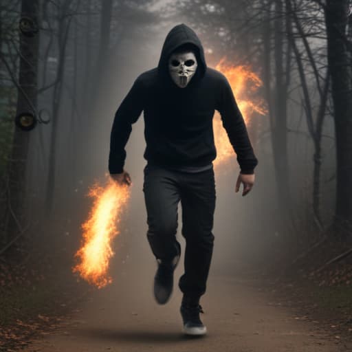 Lonely athletic man wearing a black hoodie and black pants. He is running in the dark but is super fast. He is being chased and is wearing a purge mask with “X” drawn glowing over his eyes on the mask. Flames come from his shoes from the speed and friction which leaves a path of smoke. The bottom right corner of the picture has a rap album warning which notifies the listener of the album that there is explicit language. He seeks loneliness. in Steampunk style with Forests background