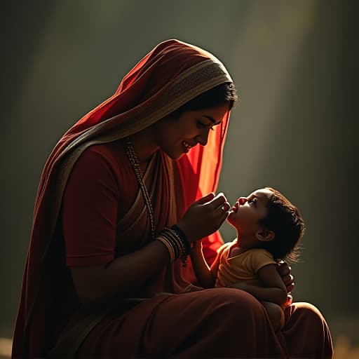  a mother feeding his , indian , realstic, big size hyperrealistic, full body, detailed clothing, highly detailed, cinematic lighting, stunningly beautiful, intricate, sharp focus, f/1. 8, 85mm, (centered image composition), (professionally color graded), ((bright soft diffused light)), volumetric fog, trending on instagram, trending on tumblr, HDR 4K, 8K