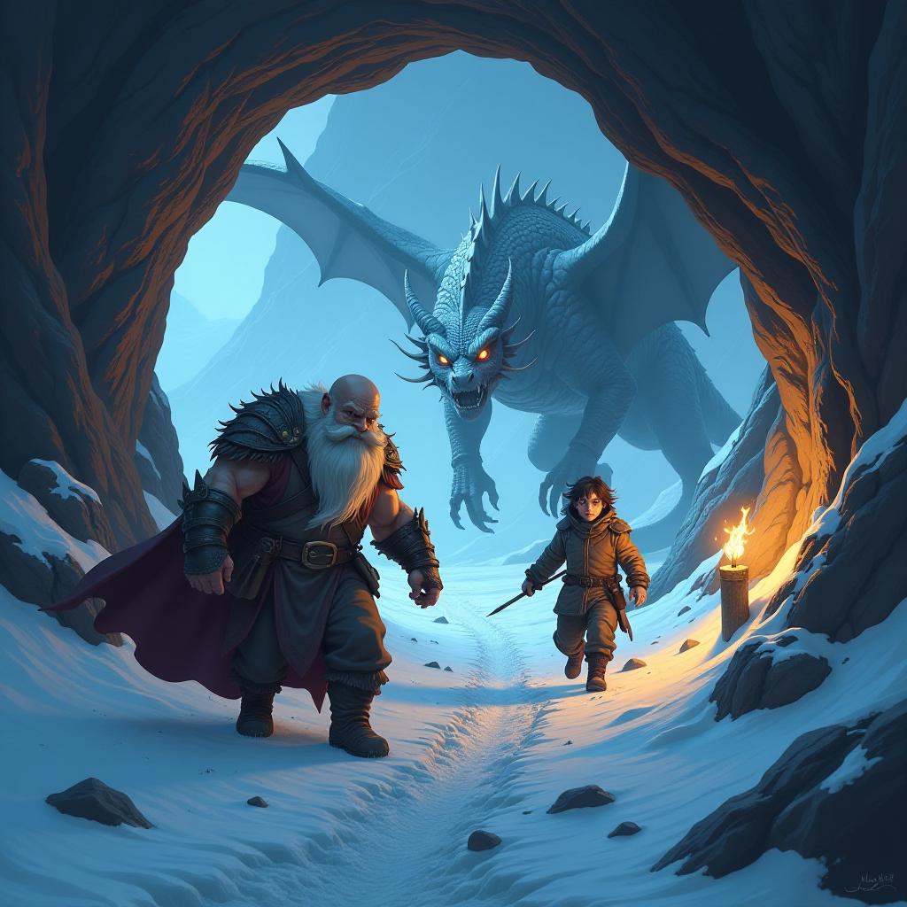  digital photo. an ice cave lit by torches. two figures. a bald gnome of strong build and a young man of small stature with sharp ears and a cunning look with hair collected in a bundle in panic escape from the cave. they are chased by an evil dragon of silver color.