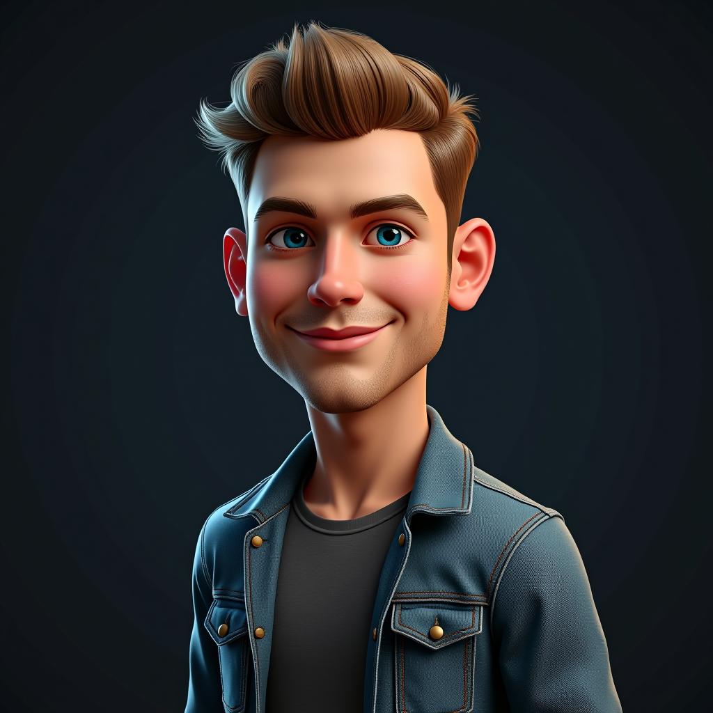  create realistic 3d male caricature, 3d, oil painting caricature, short hair, wearing casual clothes with jeans jacket, dark and bright solid background hyperrealistic, full body, detailed clothing, highly detailed, cinematic lighting, stunningly beautiful, intricate, sharp focus, f/1. 8, 85mm, (centered image composition), (professionally color graded), ((bright soft diffused light)), volumetric fog, trending on instagram, trending on tumblr, HDR 4K, 8K