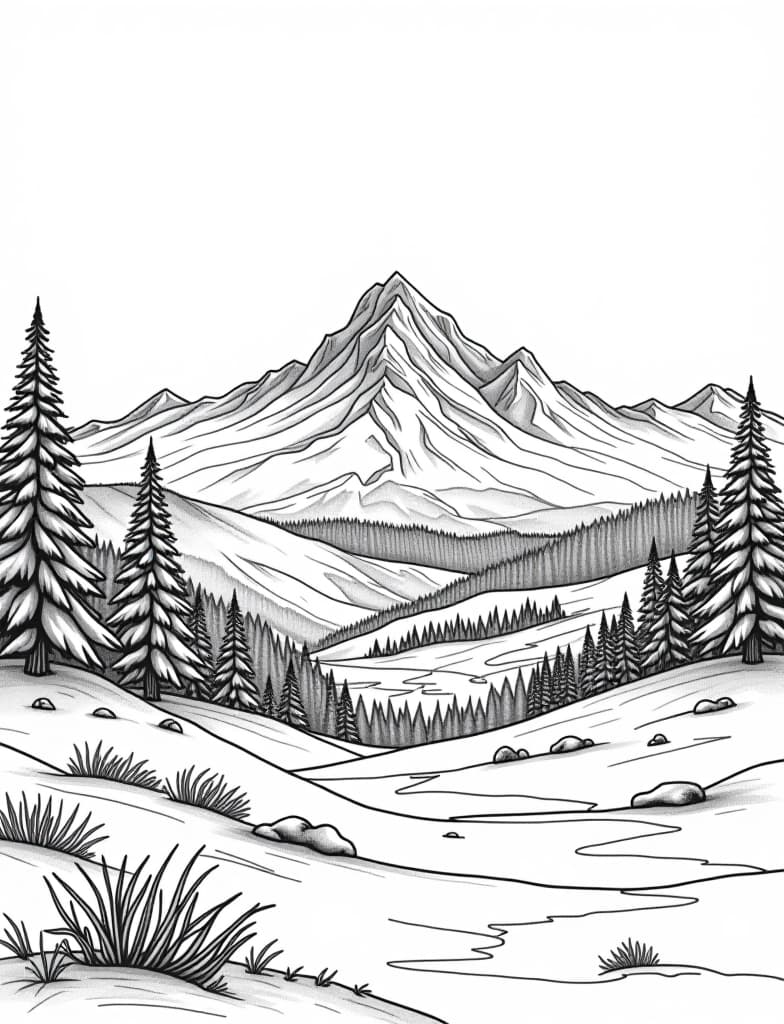  this is for an adult coloring page. a detailed black and white line art of a snowy snowy landscape with a distant view of a mountain range on a solid white background.