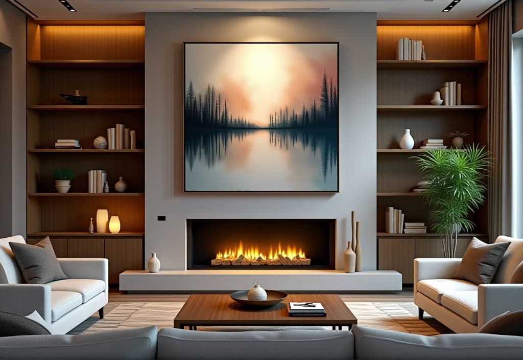  a landscape photo of a stunning focal point in a living room, featuring a large abstract artwork above a sleek fireplace, with complementary decor elements hyperrealistic, full body, detailed clothing, highly detailed, cinematic lighting, stunningly beautiful, intricate, sharp focus, f/1. 8, 85mm, (centered image composition), (professionally color graded), ((bright soft diffused light)), volumetric fog, trending on instagram, trending on tumblr, HDR 4K, 8K