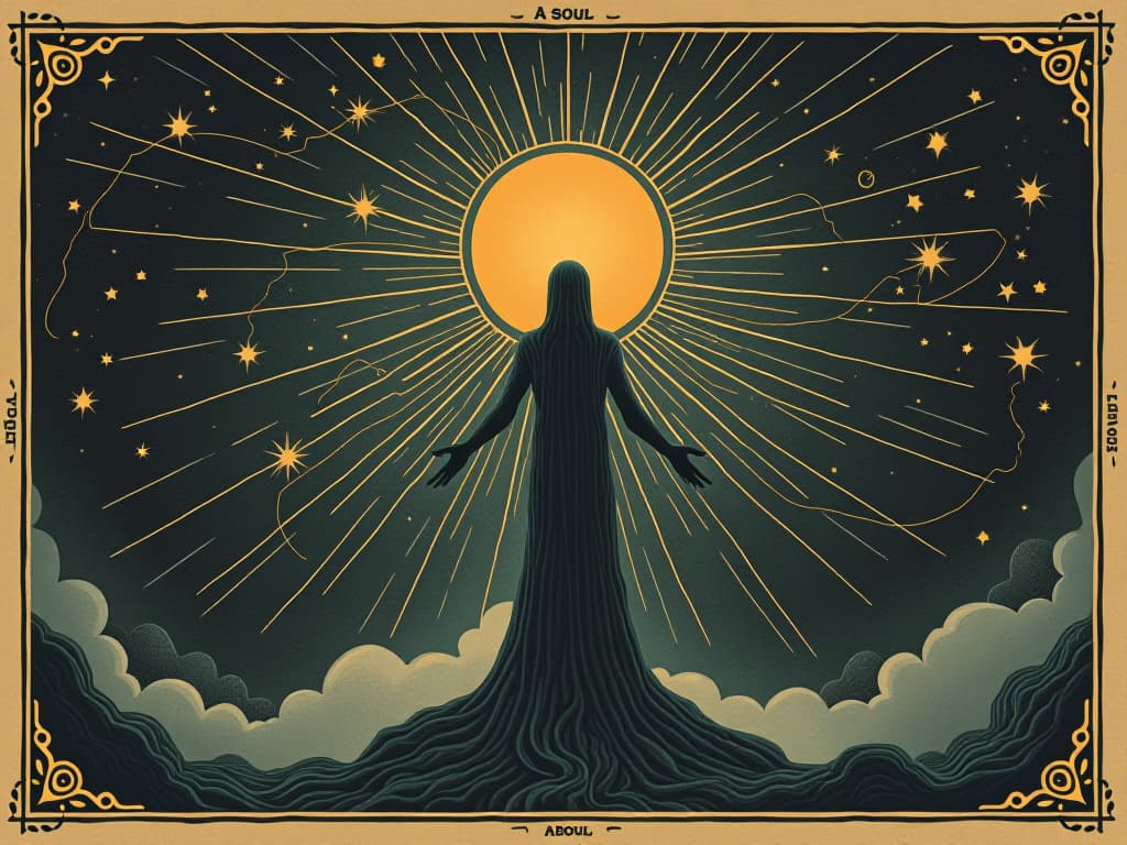  a soul, interconnected with the cosmos, radiant lines connecting to stars, glowing with universal energy, serene and boundless. an illustration in the style of a worn, mystical old tarot trump card, mysterious and elements of surrealism. the colors are muted, somber and eerie, but with contrast bring out an occult and esoteric vibe.