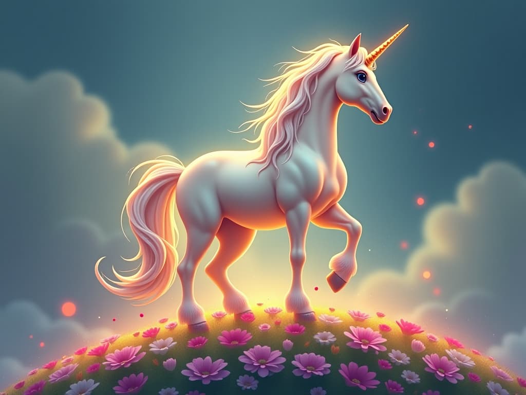  a radiant unicorn with a shimmering mane, standing boldly atop a glowing hill, surrounded by ethereal flowers, embodying triumph and clarity, illuminated by a soft, magical light.. the style is digital art illustration,highly detailed, whimsical,magical, dreamlike atmosphere, realism and fantasy blend, smooth, glossy textures,luminous quality, wonder and enchantment.