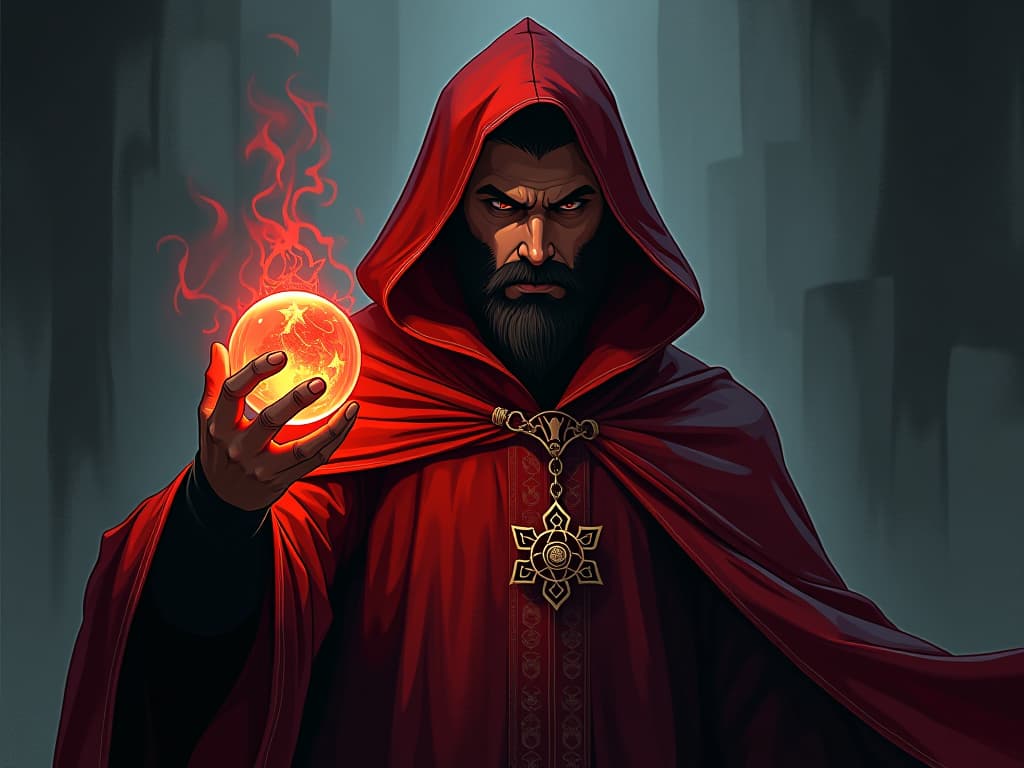  male sorcerer in red robes, crystal ball in hand, intense gaze, aura of discernment. the style is digital art illustration / modern comic book / graphic dark novel fantasy and mysterious occult, symbolic, moody lighting, esoteric vibe,high detail on character design. for the color scheme emphasize blacks and reds.