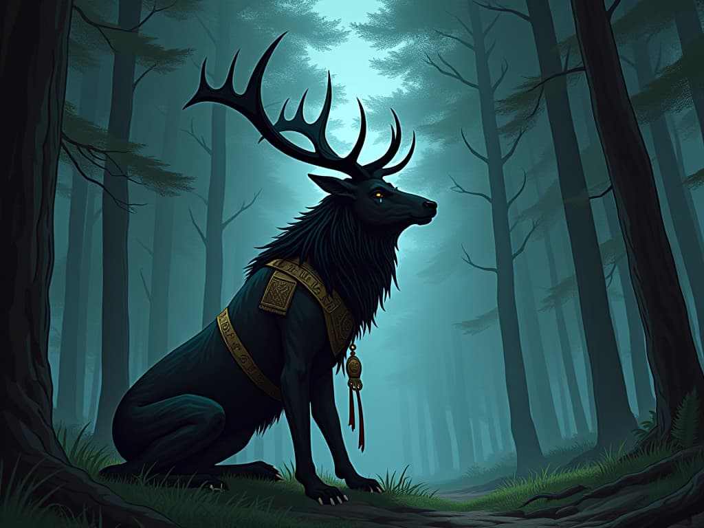  black elk, kneeling at the edge of a forest, tears in his eyes, hands raised to the sky, symbolizing emotional purging and visions. the style is digital art illustration / modern comic book / mysterious occult, symbolic, esoteric vibe,high detail on character design, incorporating ancient egyptian symbology and attire.