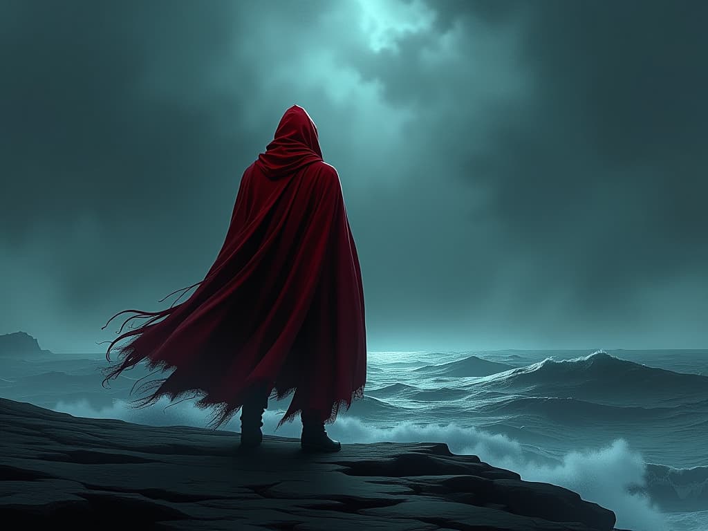  individual in red cloak, standing on a stormy shore, trusted silhouette, sense of inner trust. the style is digital art illustration / modern comic book / graphic dark novel fantasy and mysterious occult, symbolic, moody lighting, esoteric vibe,high detail on character design. for the color scheme emphasize blacks and reds.