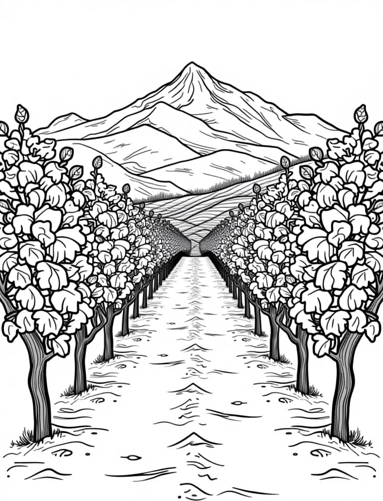  this is for an adult coloring page. a detailed black and white line art of a snowy snow covered vineyard with a snow capped mountain in the background on a solid white background.