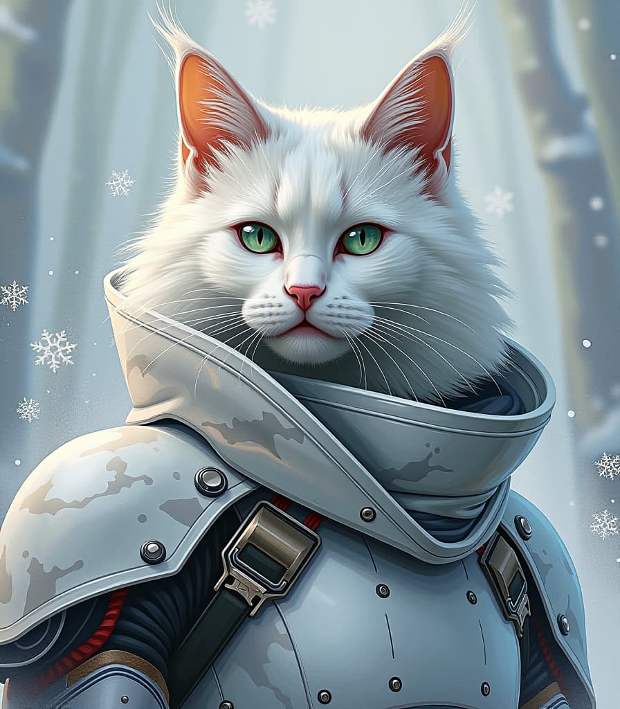  acrylic painting, in the style of agnes cecile. concept art. image of anthropomorphic male fluffy white cat of siberian breed in modern armor,. close up. a dynamic twist. modern white camouflage armor. detailed elaboration of the texture of cat hair and fabric. vigorous brushwork. background: abstract winter ornament with snowflakes in bright technique. stylistics: modern, steampunk, abstract expressionism. shapes and lines inspired by minje lee, ruiz royo, rahaf dk albab. high detail, high quality. hdr hyperrealistic, full body, detailed clothing, highly detailed, cinematic lighting, stunningly beautiful, intricate, sharp focus, f/1. 8, 85mm, (centered image composition), (professionally color graded), ((bright soft diffused light)), volumetric fog, trending on instagram, trending on tumblr, HDR 4K, 8K