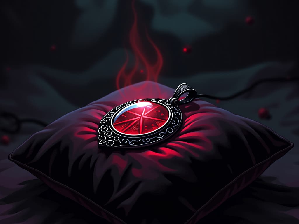  enchanting pendant on a black velvet cushion, faint glow, hidden menace. the style is digital art illustration / modern comic book / graphic dark novel fantasy and mysterious occult, symbolic, moody lighting, esoteric vibe,high detail on character design. for the color scheme emphasize blacks and reds.