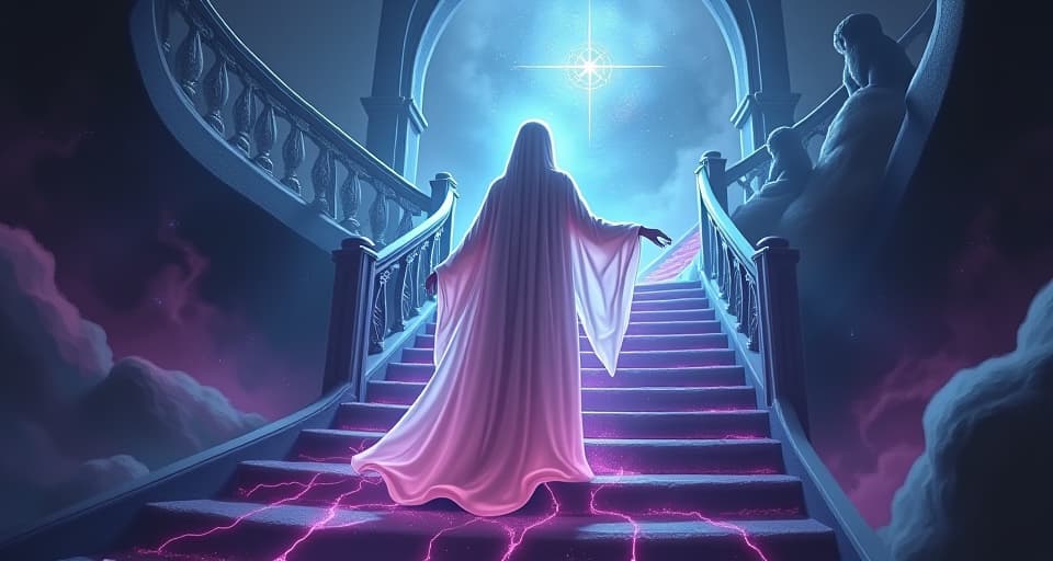  mystical being in translucent robes, ascending an enchanted staircase. surrounding energy currents, link to mystic realms.. the style is digital art illustration,highly detailed, whimsical,magical, dreamlike atmosphere, realism and fantasy blend, smooth, glossy textures,luminous quality, wonder and enchantment.