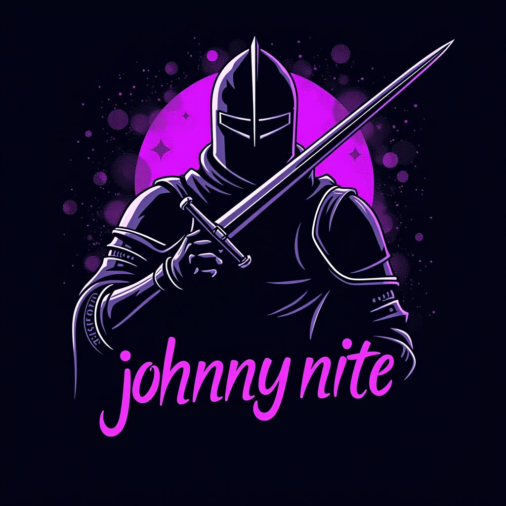  design a logo, in a surrealism style. knight black and purple graffiti, with the text 'johnny nite '.