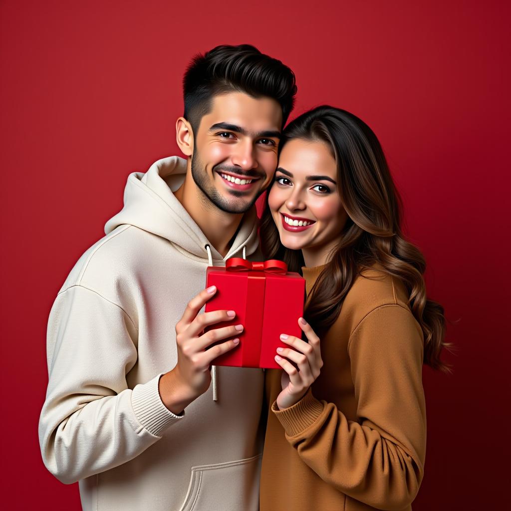  saint valentine's day celebration, gift giving and romantic couple concept. portrait of happy smiling young man and woman hugging and holding red present box