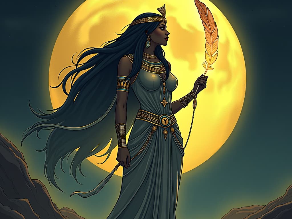  isis, the large busted goddess of magic, in a tight, shimmering gown, holding a glowing feather of ma'at, set against the full moon, embodying self awareness and enlightenment. the style is digital art illustration / modern comic book / mysterious occult, symbolic, esoteric vibe,high detail on character design, incorporating ancient egyptian symbology and attire.