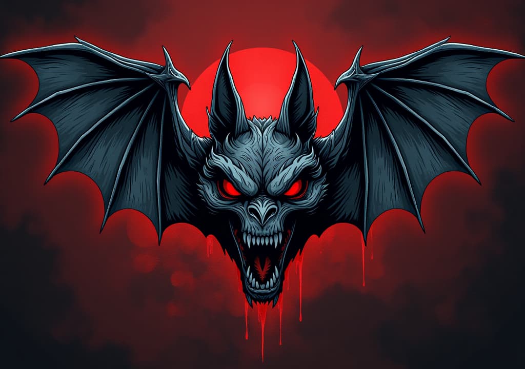  a dark art, street style logo for band called "kacher", rock feeling, vintage, background is a evil bat, red eyes, bloody,, low contrast, low saturation hyper detail, intricate details, sharp focus, high resolution, 8k, ultra detailed, vib