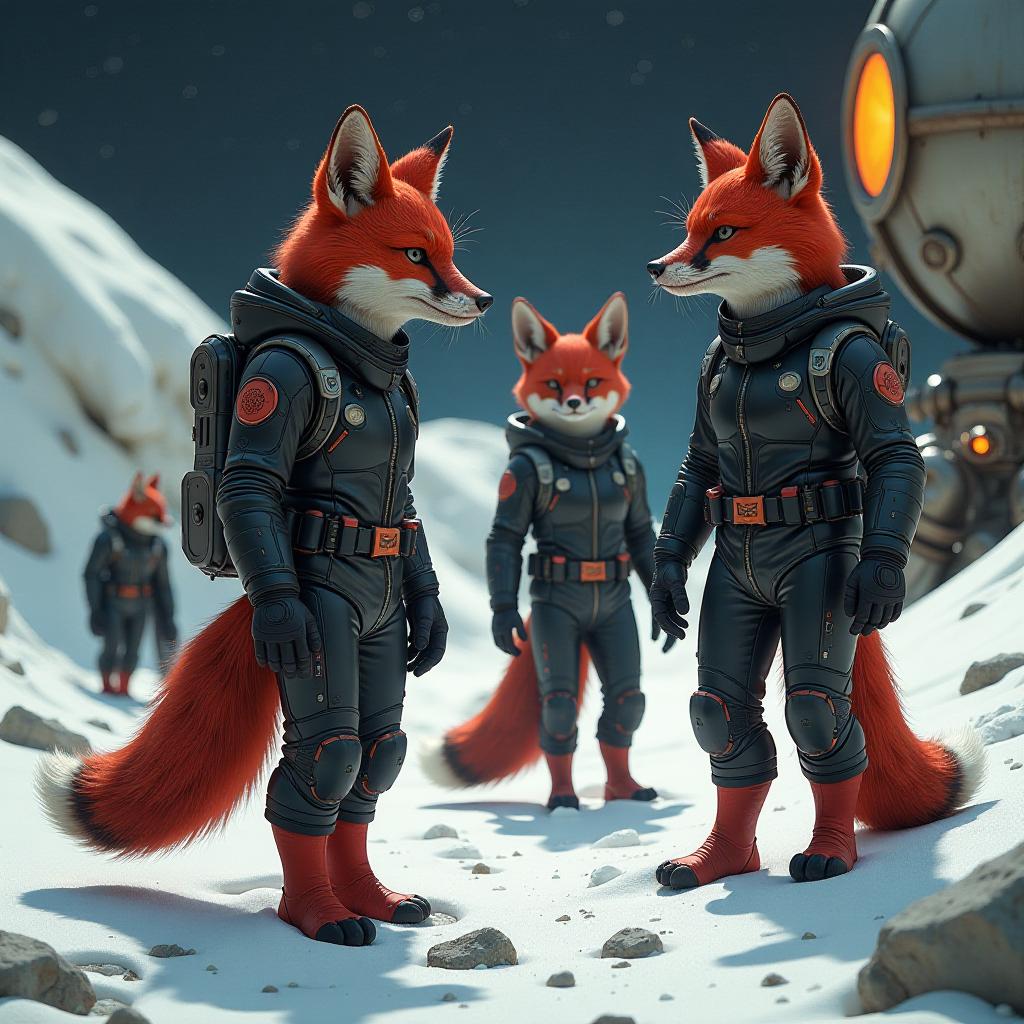  the image shows the cunning ice foxes living on the moon. these foxes look anthropomorphic, their bodies are covered in thick red fur, and their eyes are narrow and attentive, as if they are constantly on the lookout for something. the foxes are dressed in space uniforms of dark colors, emphasizing their high tech culture. they have sharp facial features, elongated ears, and mechanical accessories that remind us of their connection to engineering technology. the foxes are standing on a lunar landscape with metal structures in the background, which hints at their advanced station. some of them look suspiciously at the aliens, and traces of complex machinery are visible around them.