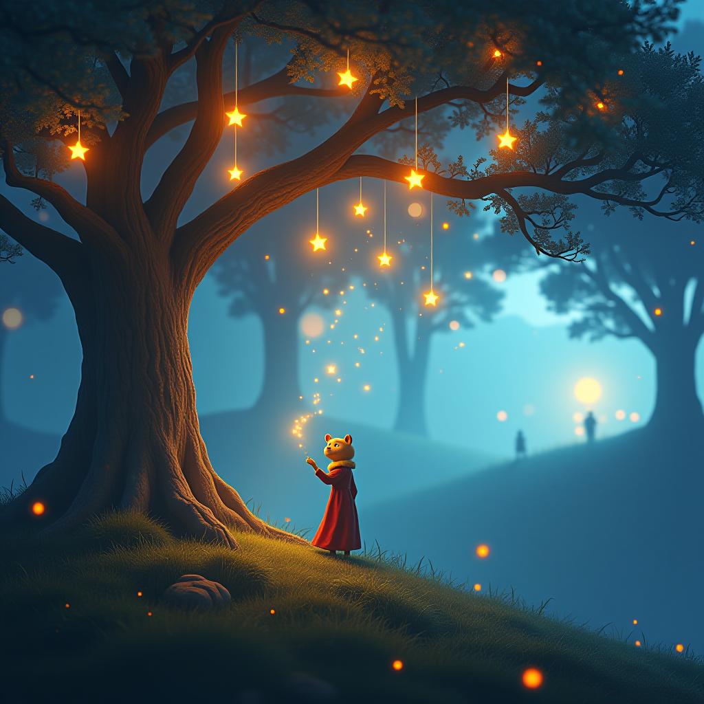  create a high quality, photorealistic image that vividly depicts the following scene: the image is a high detailed, awe inspiring portrayal of zee, the whimsical creature, gently shaking a radiant, luminescent tree. shimmering dreams, shaped like twinkling stars, are falling from the tree branches. the dreams appear to be migrating towards a world partially seen in the distance, filled with silhouettes of humans, capturing an intense sense of curiosity and magic. the surrounding landscape in dreamland is dotted with various dream trees illuminating the ethereal blue tint of the environment. filmmakers use sony a7s iii, f/2.8, iso 120, for perfect light balance capturing the dreamy glow, shot in 8k resolution for intricate detailing, un hyperrealistic, full body, detailed clothing, highly detailed, cinematic lighting, stunningly beautiful, intricate, sharp focus, f/1. 8, 85mm, (centered image composition), (professionally color graded), ((bright soft diffused light)), volumetric fog, trending on instagram, trending on tumblr, HDR 4K, 8K