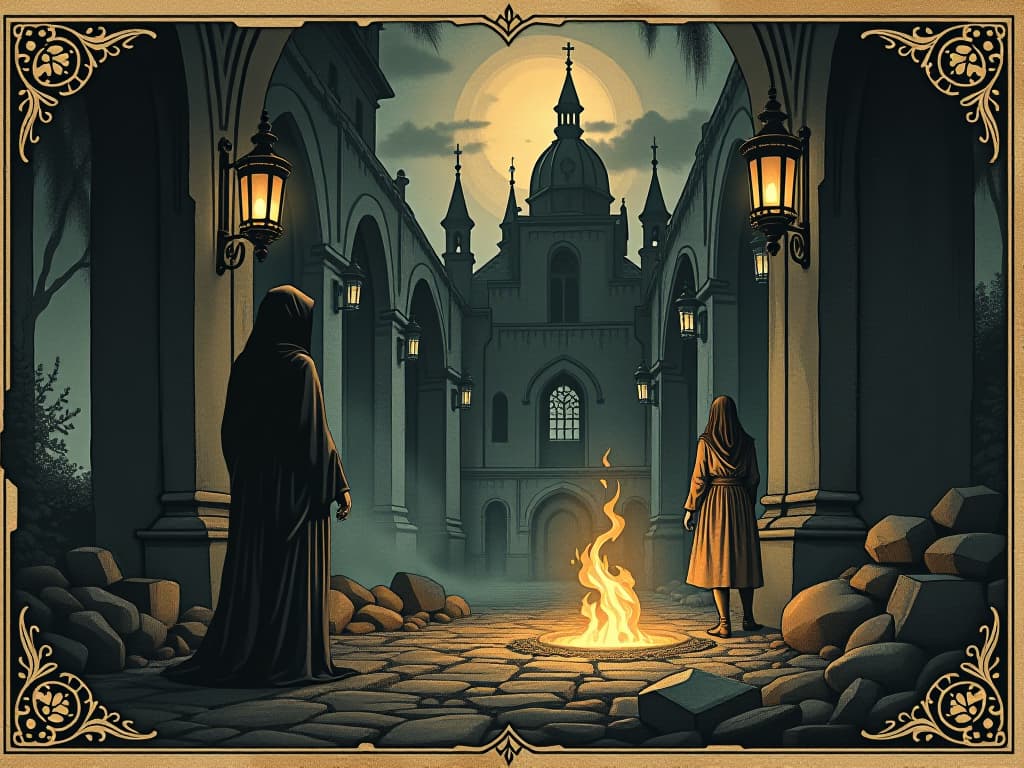  beautiful yet eerie treasures, shadowy past, harbingers of ruin, tales of betrayal, dark tone, sense of unease. an illustration in the style of a worn, mystical old tarot trump card, mysterious and elements of surrealism. the colors are muted, somber and eerie, but with contrast bring out an occult and esoteric vibe.