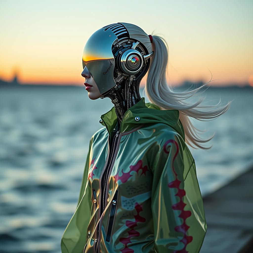  cybernetic robot hdr foto, skinny anorexic female faceless cyborg, (((wires in head mechanical parts ultra reflective faceplate:1.2))), wind blow long white nalvy ponytail hair, cyborg decorated with patterns and inscriptions, the signature colors green red grey of the gucci the raincoat, (((horizon line reflected on faceplate, (((mechanical section of the abdomen and waist:1.4))), (((ultra thin waist and very skinny legs:1.3))), (((the wind blows your hair:1.6))), reflect horizon in faceplate, (((tight transparent colors reflected color pvc clothing transparent color vinyl clothing prismatic holographic chromatic aberration short unbuttoned raincoat with print decore glows slightly intricate detail))), on concrete embankment of sea