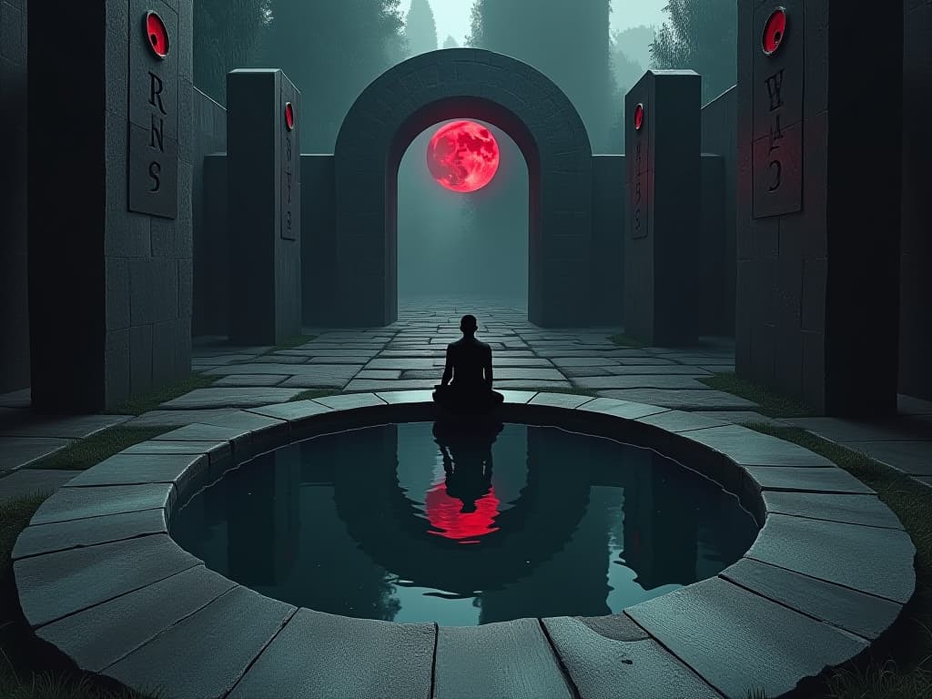  a reflective pool surrounded by ancient stones, showing a distorted reflection of a kneeling figure, runes of introspection carved into the stones, tranquil ambiance.. the style is dark fantasy and mysterious occult, symbolic, moody lighting, esoteric vibe,high detail on character design. for the color scheme emphasize blacks and reds.