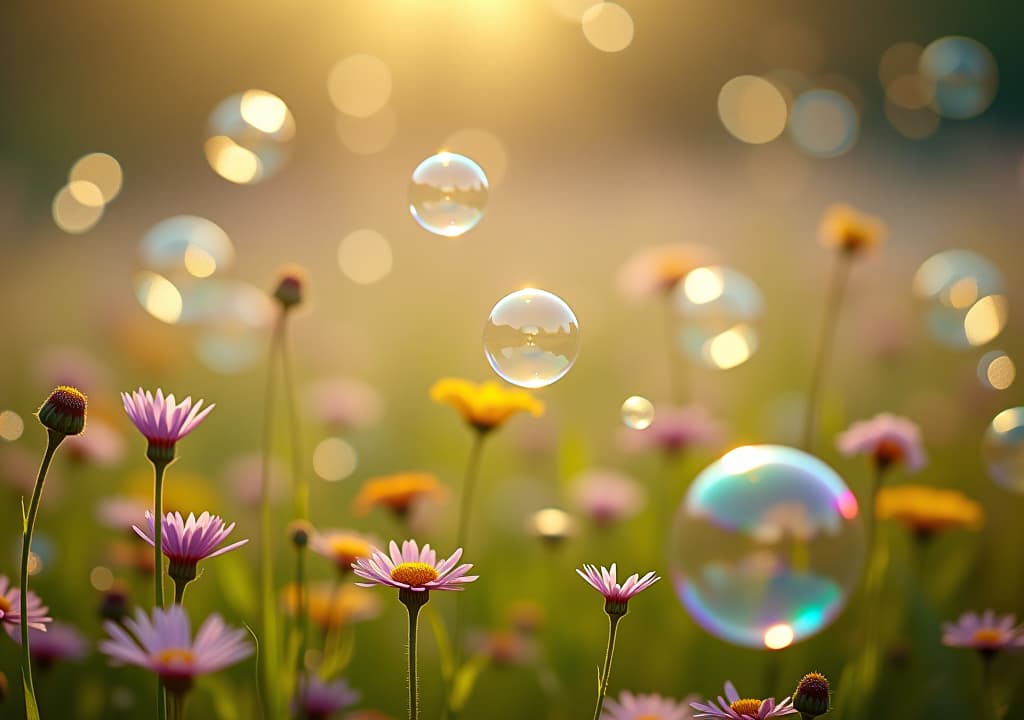  a sunlit meadow filled with iridescent bubbles of varied sizes, floating gently among vibrant wildflowers, with soft pastel colors reflecting in their surfaces, creating a dreamy atmosphere of fleeting beauty and joy. hyperrealistic, full body, detailed clothing, highly detailed, cinematic lighting, stunningly beautiful, intricate, sharp focus, f/1. 8, 85mm, (centered image composition), (professionally color graded), ((bright soft diffused light)), volumetric fog, trending on instagram, trending on tumblr, HDR 4K, 8K