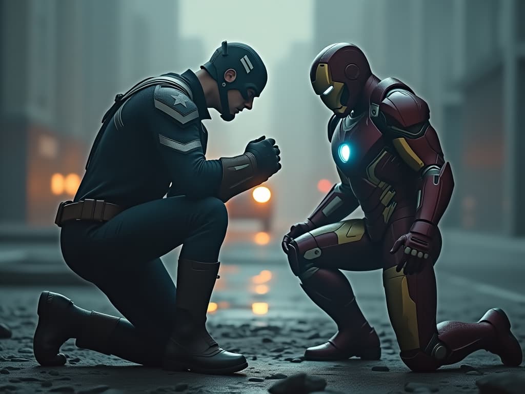  prompt: captain america bowing to iron man hyperrealistic, full body, detailed clothing, highly detailed, cinematic lighting, stunningly beautiful, intricate, sharp focus, f/1. 8, 85mm, (centered image composition), (professionally color graded), ((bright soft diffused light)), volumetric fog, trending on instagram, trending on tumblr, HDR 4K, 8K